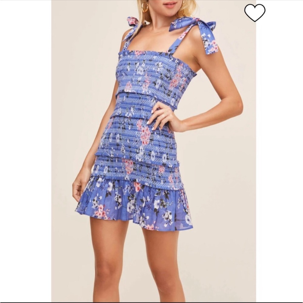 ASTR ANAIS Smocked Dress Sapphire White Floral Blue Cotton